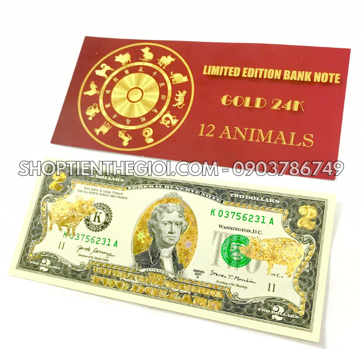 Tiền 2 USD in hình con Heo 3D nhũ vàng - SP005562